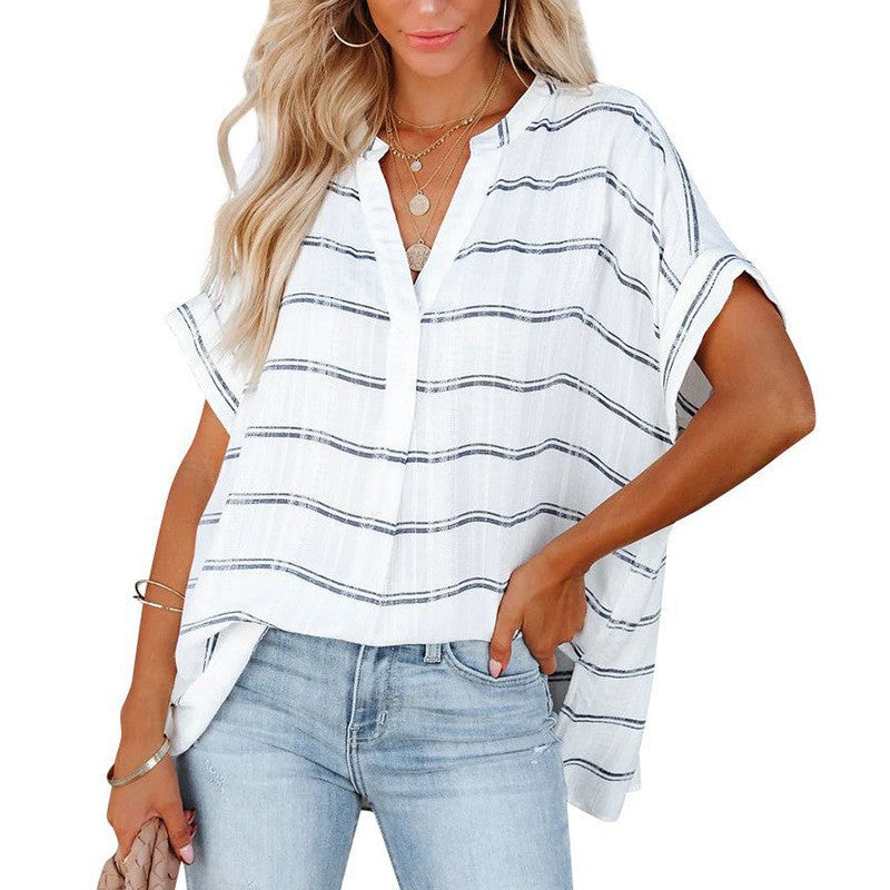 Summer Loose Shirt For Women Short Sleeve Thin V-Neck Pullover Shirt apparels & accessories