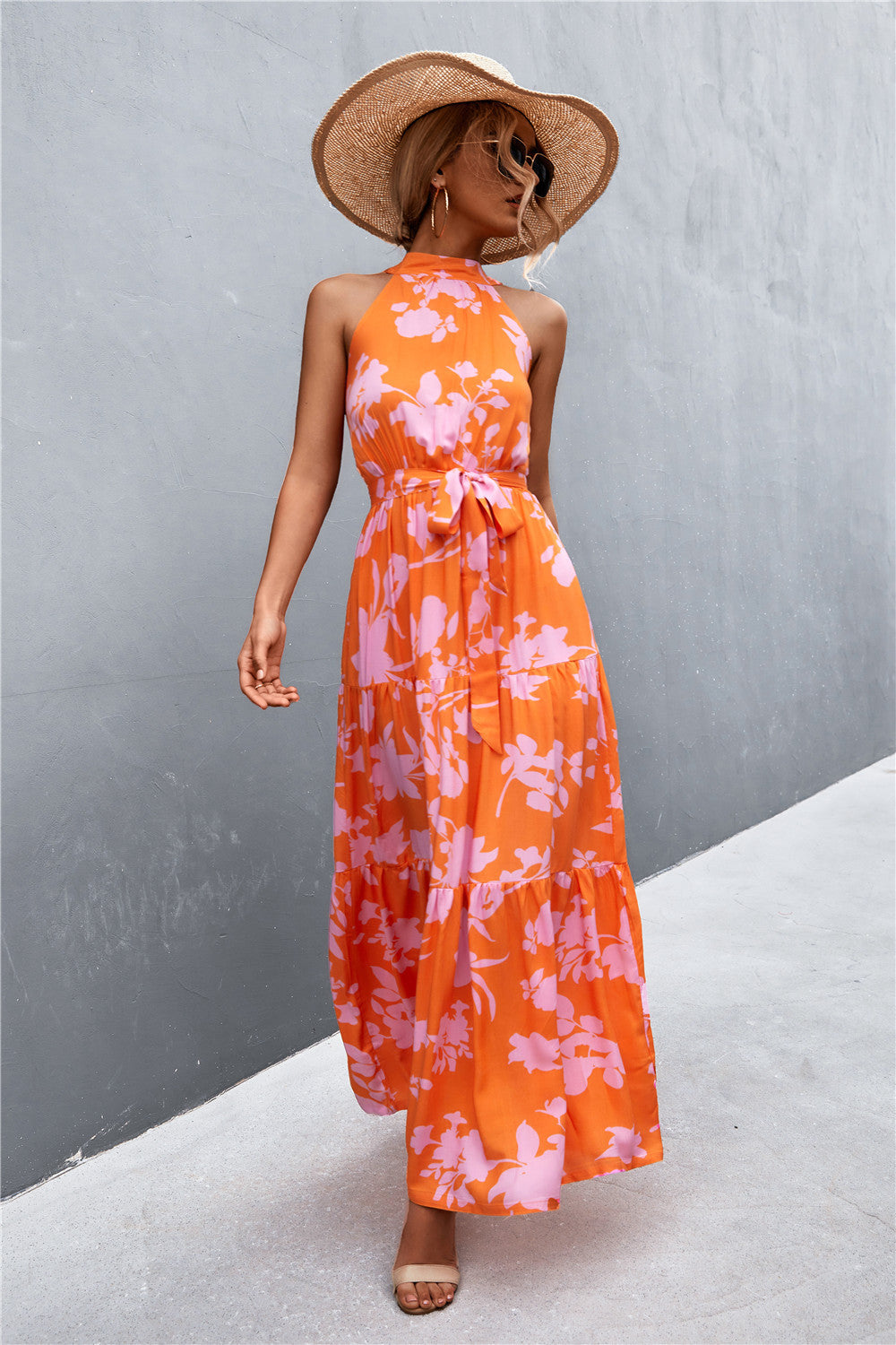 Printed Sleeveless Tie Waist Maxi Dress apparel & accessories