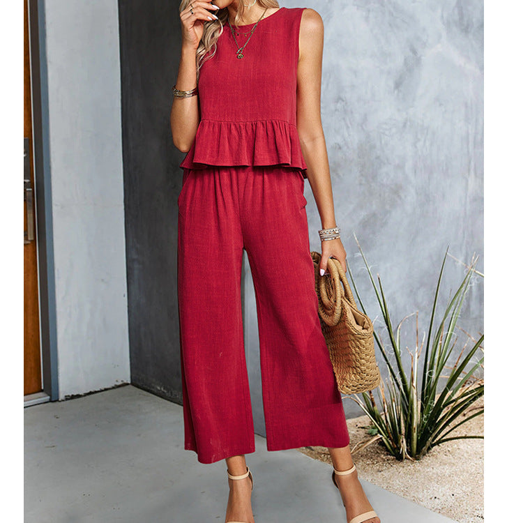 Women's Sleeveless Shirt Wide Leg Cotton And Linen Cropped Pants Set apparels & accessories