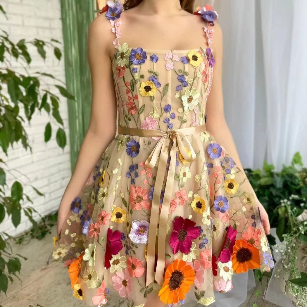 Three-dimensional Flower Embroidery Dress Summer Fashion Sweet A-line Suspender Dresses For Womens Clothing apparel & accessories