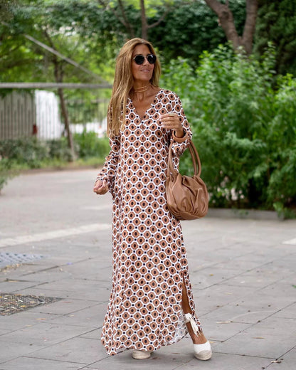 Printed V-neck Long Dress For Women apparels & accessories