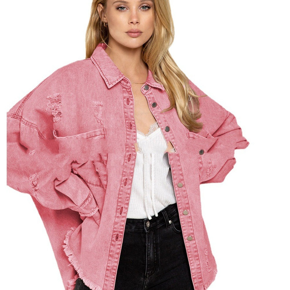 Women's Mid-length Raw Hem Ripped Denim Coat apparel & accessories