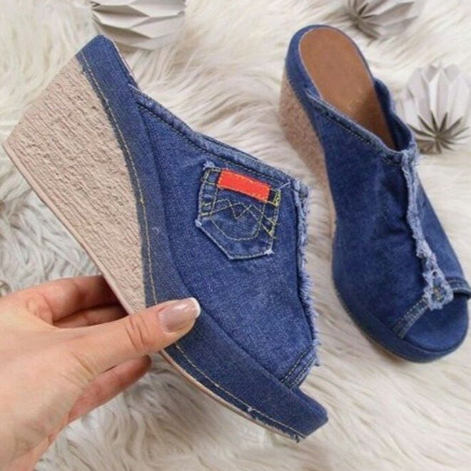 Denim high heels wedge sandals apparel & accessories