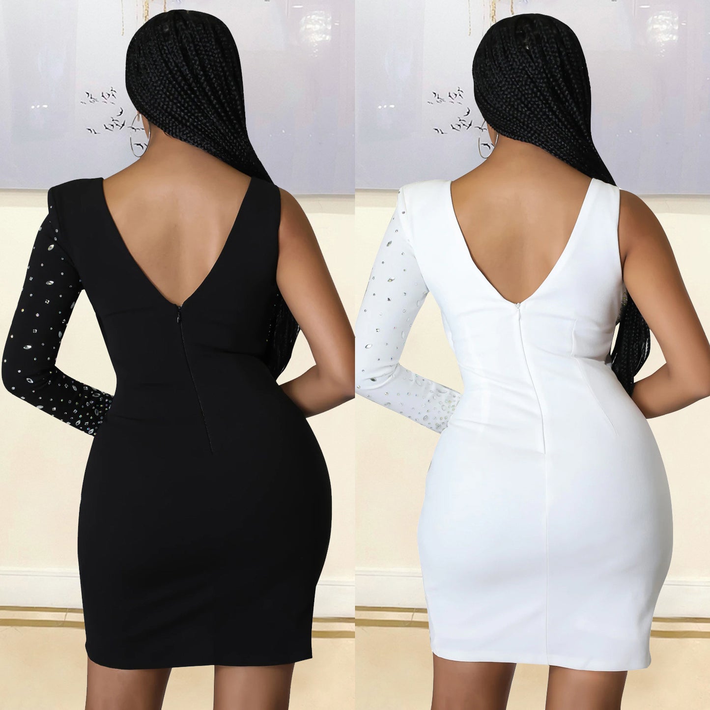 Women's Fashion Tight Rhinestone One-shoulder Dress apparels & accessories