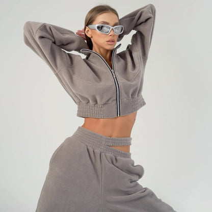 Zipped Stand Collar Polar Fleece Jacket Autumn Hollow-out Double Pants Suit apparels & accessories