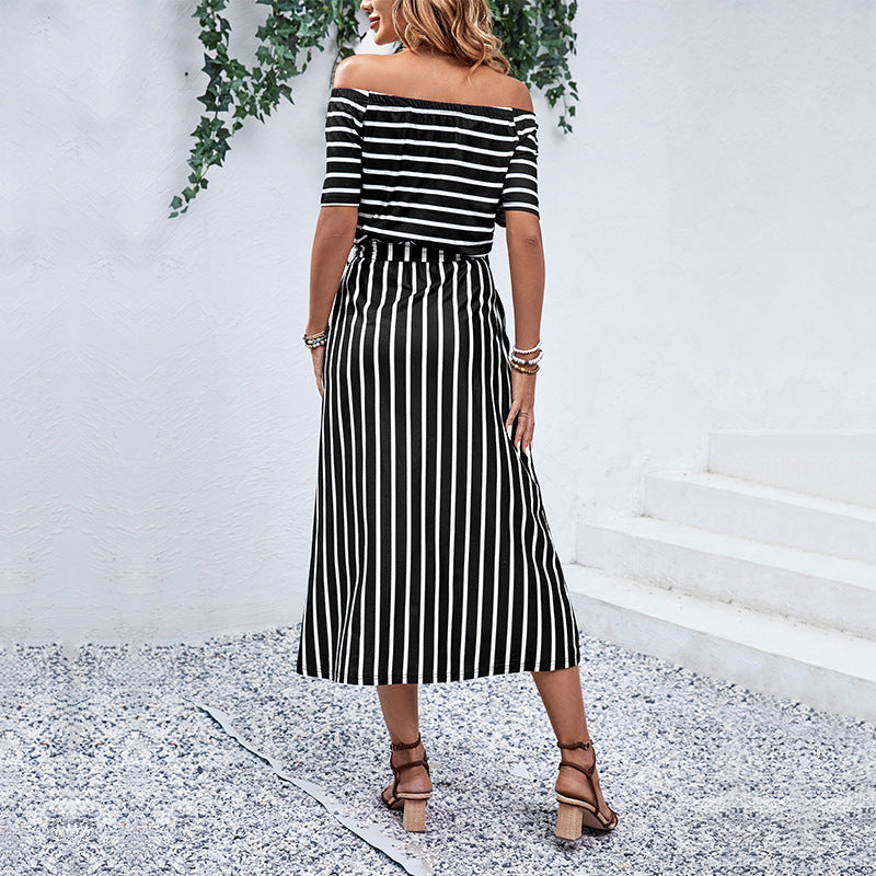Fashion Women's Wear Off-shoulder Striped Summer Dress apparels & accessories