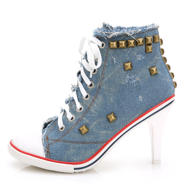 Round Toe Women's Shoes Denim High Heels Shoes & Bags