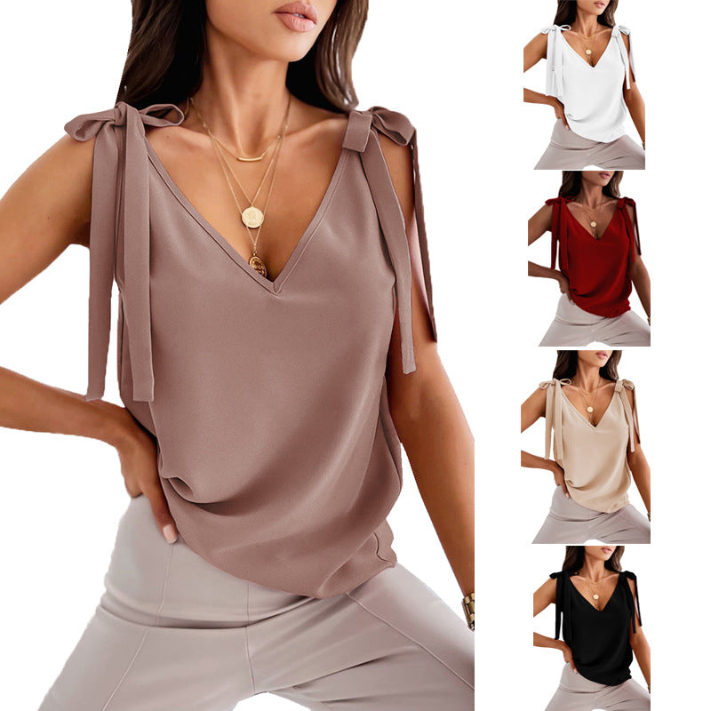 Bowknot Tie Up Camisole V-neck Shirts Women Summer Sleeveless Tank Tops apparel & accessories