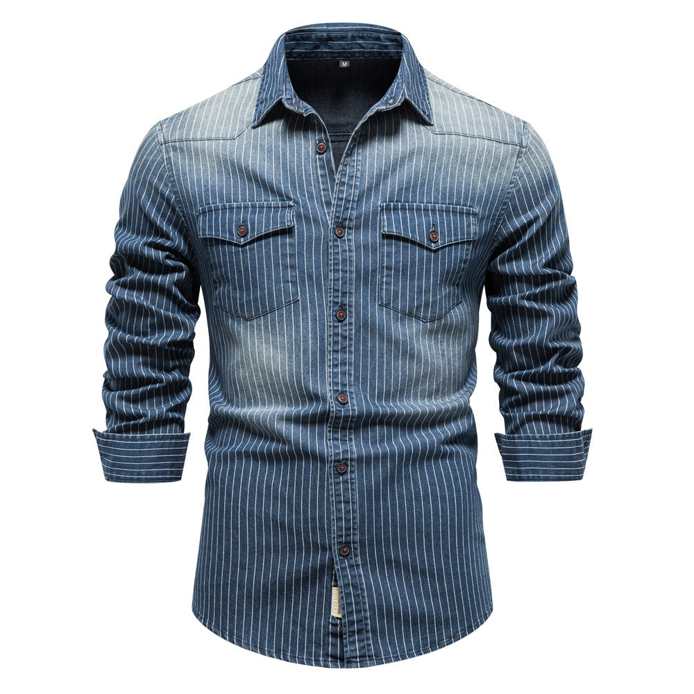 Men's Fashion Casual Heavy-duty Washed Distressed Striped Denim Shirt apparel & accessories