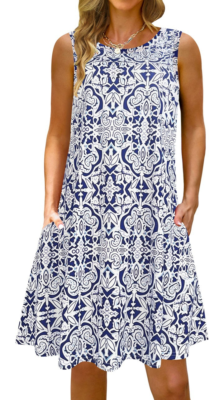 Printed Vest Pocket Dress Women apparels & accessories