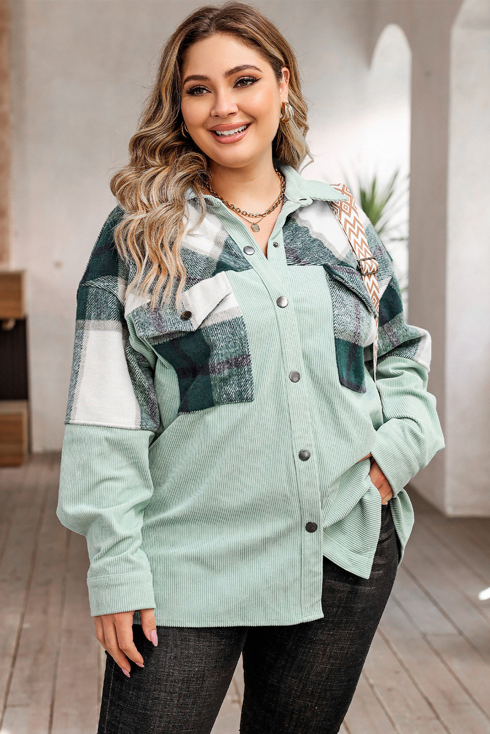 Plus Size Plaid Snap Down Jacket with Pockets Dresses & Tops