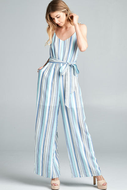 Cotton Bleu by Nu Label Tie Front Striped Sleeveless Jumpsuit Dresses & Tops