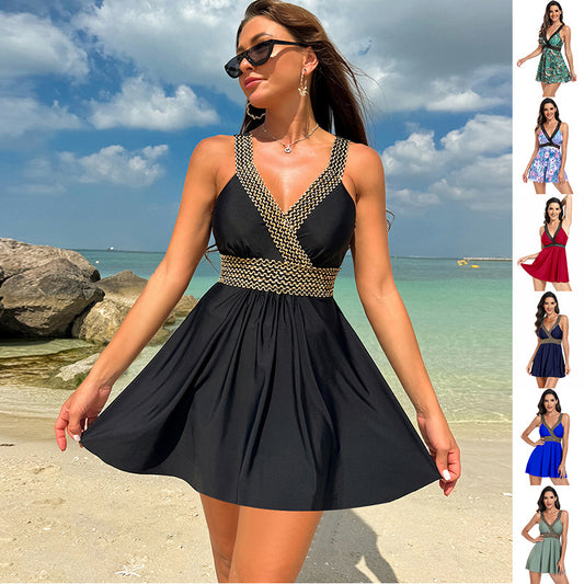 V-neck Printed Swimsuit Dress Summer Beach Vacation Bikini Fashion Womens Clothing apparels & accessories