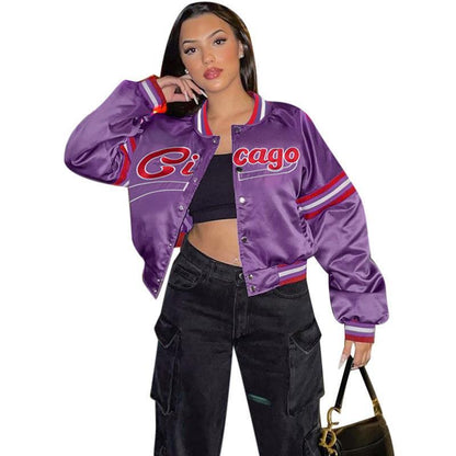 Women's Embroidered Contrast Color American Baseball Jacket apparel & accessories