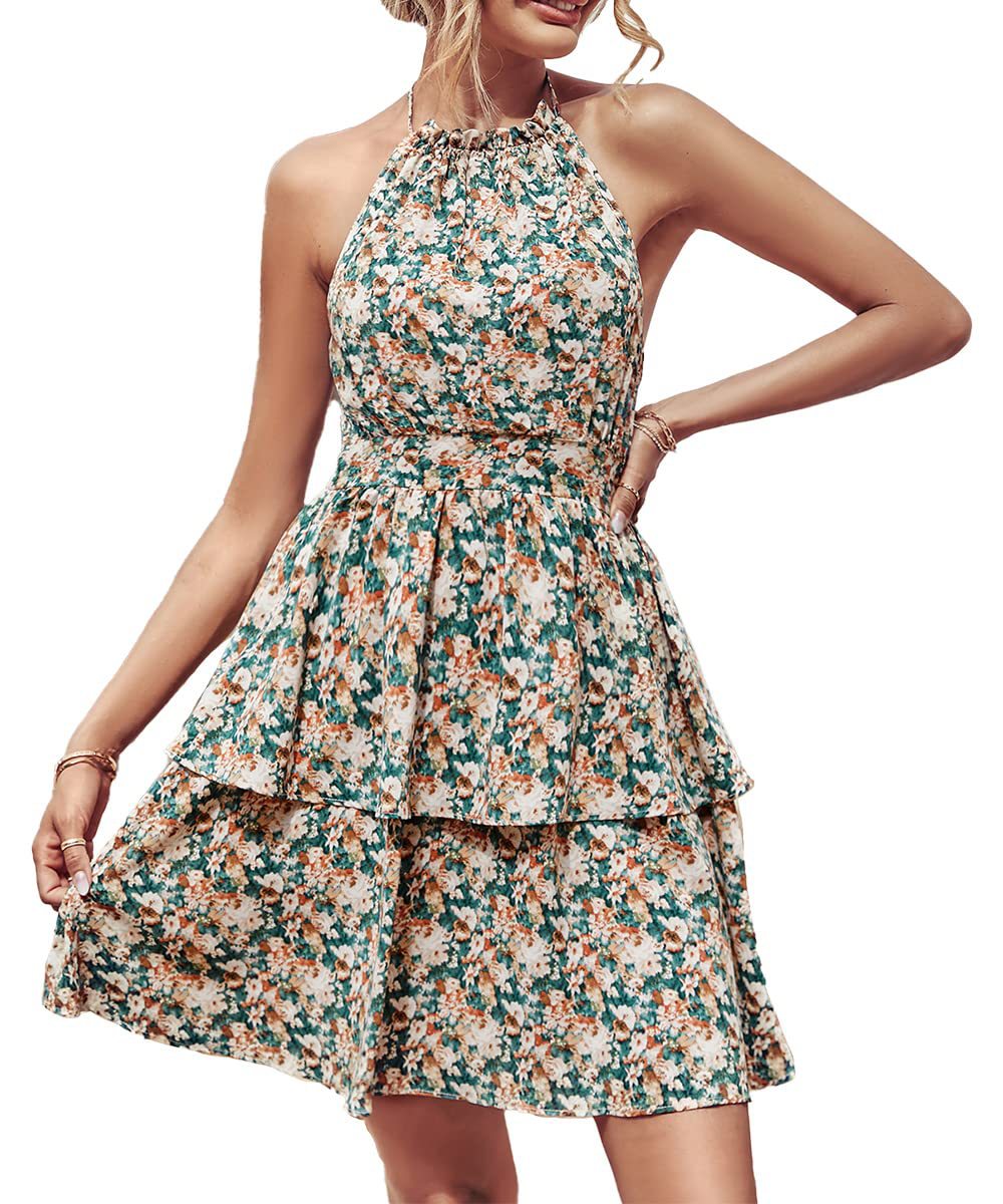 Printed Halter Backless Ruffled A-Line Beach Dress apparels & accessories