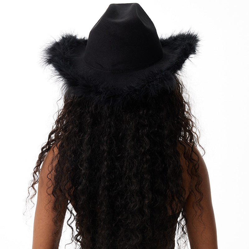 Women's Retro Black Woolen Big Brim Top Hat Fur Felt Hat scarves, Shawls & Hats