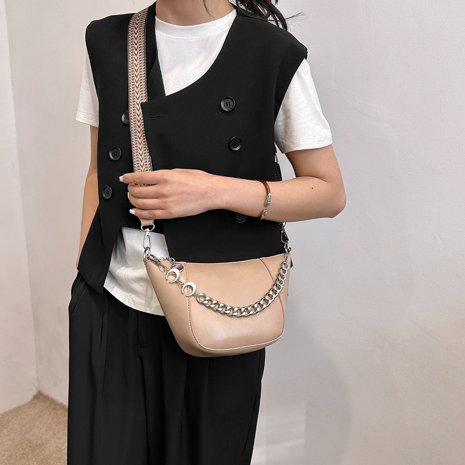 PU Leather Chain Trim Crossbody Bag apparel & accessories