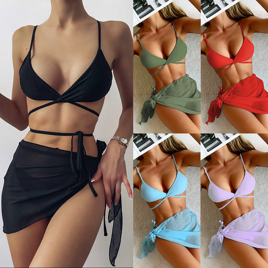 Solid Color Bikini Chiffon Cover Skirt  Swimsuit Three Piece Swimsuit apparel & accessories