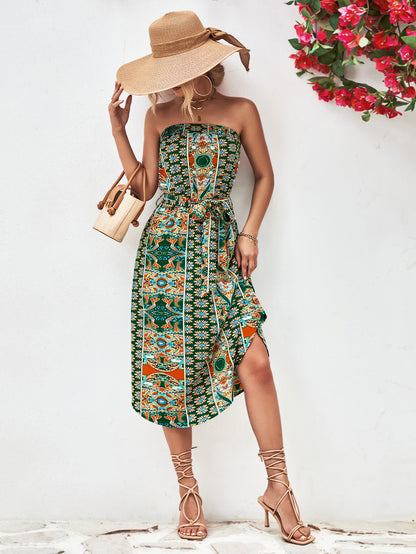 Printed Strapless Tie Belt Dress apparel & accessories