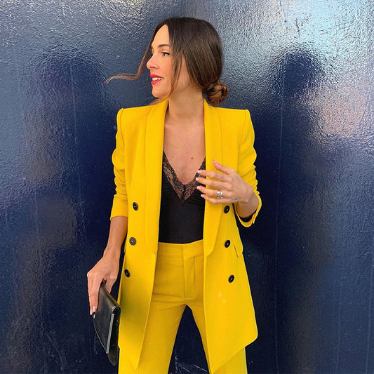 Lapel Long Sleeve Double Breasted Blazer Yellow Jacket apparel & accessories