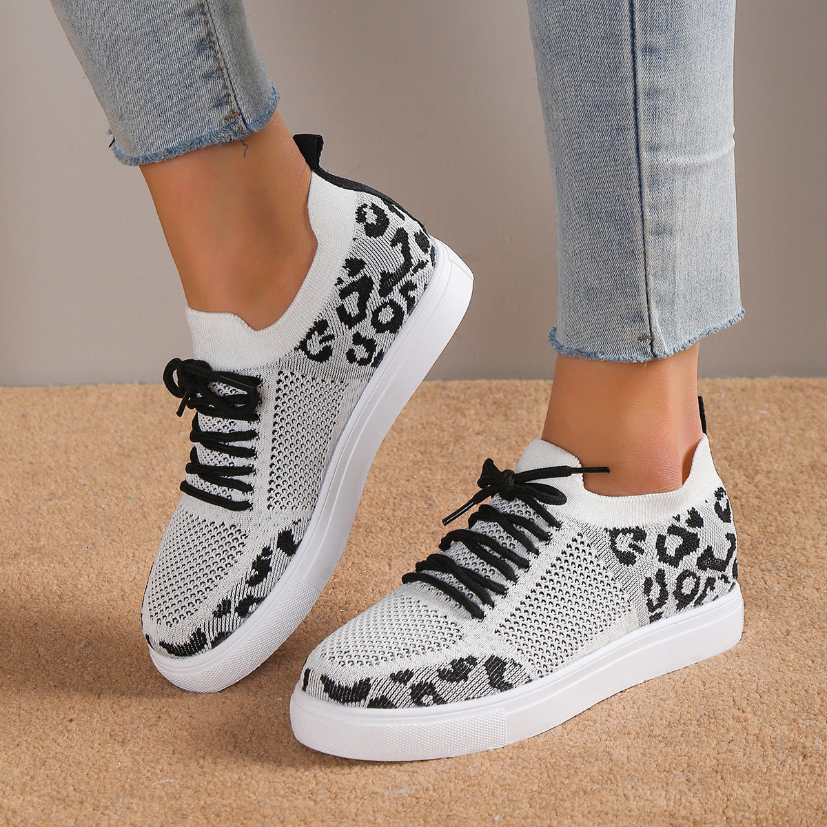 Lace-Up Leopard Flat Sneakers Shoes & Bags