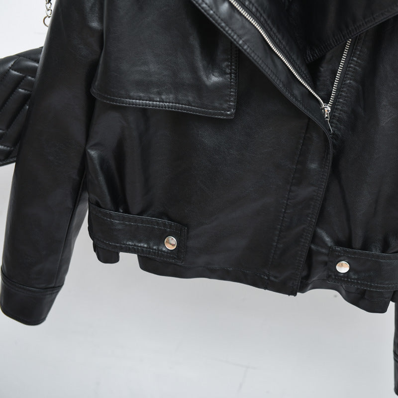 Slim lapel short PU female leather jacket apparels & accessories