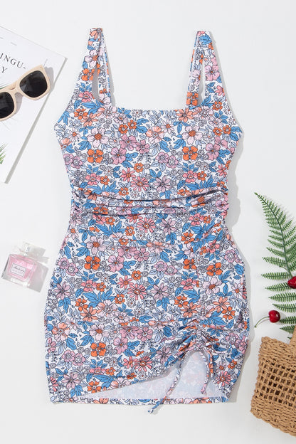 Drawstring Printed Wide Strap Swim Dress apparel & accessories