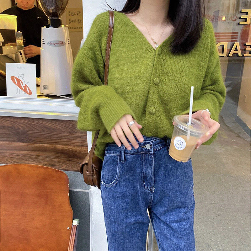 Knitted Vintage Avocado Green V-neck Lazy Style Sweater apparels & accessories