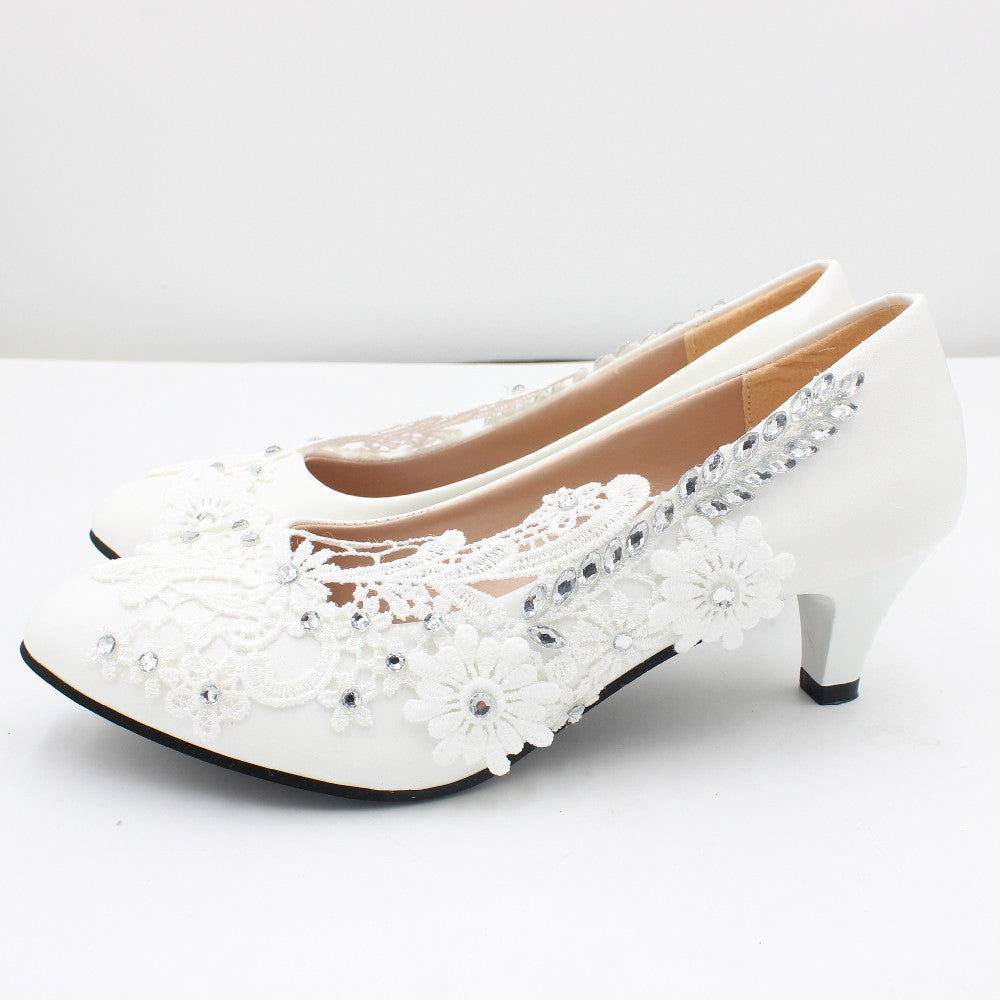 Lace Silver Sequins Adorn White Wedding High Heels Shoes & Bags