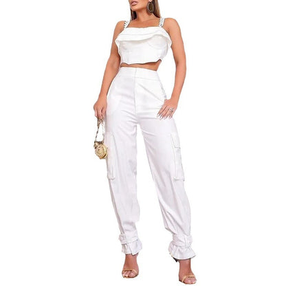 Women's Solid Color Square Collar Sling High Waist Ankle-tied Trousers Suit apparel & accessories