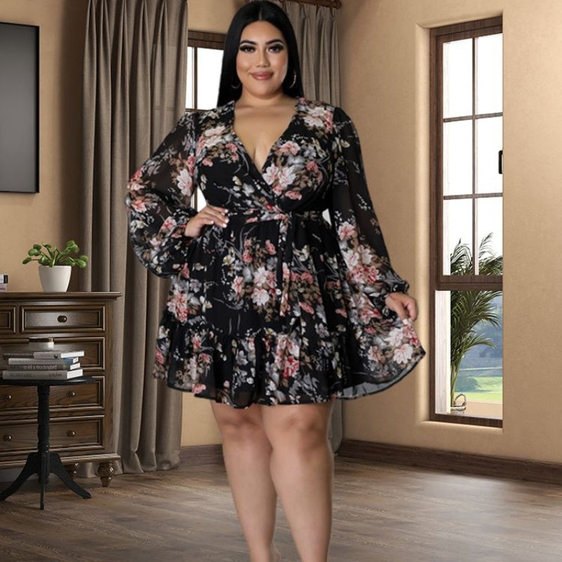 Plus Size Women Flower Print ChiffonV Neck Out Long Sleeve Dress Dresses & Tops