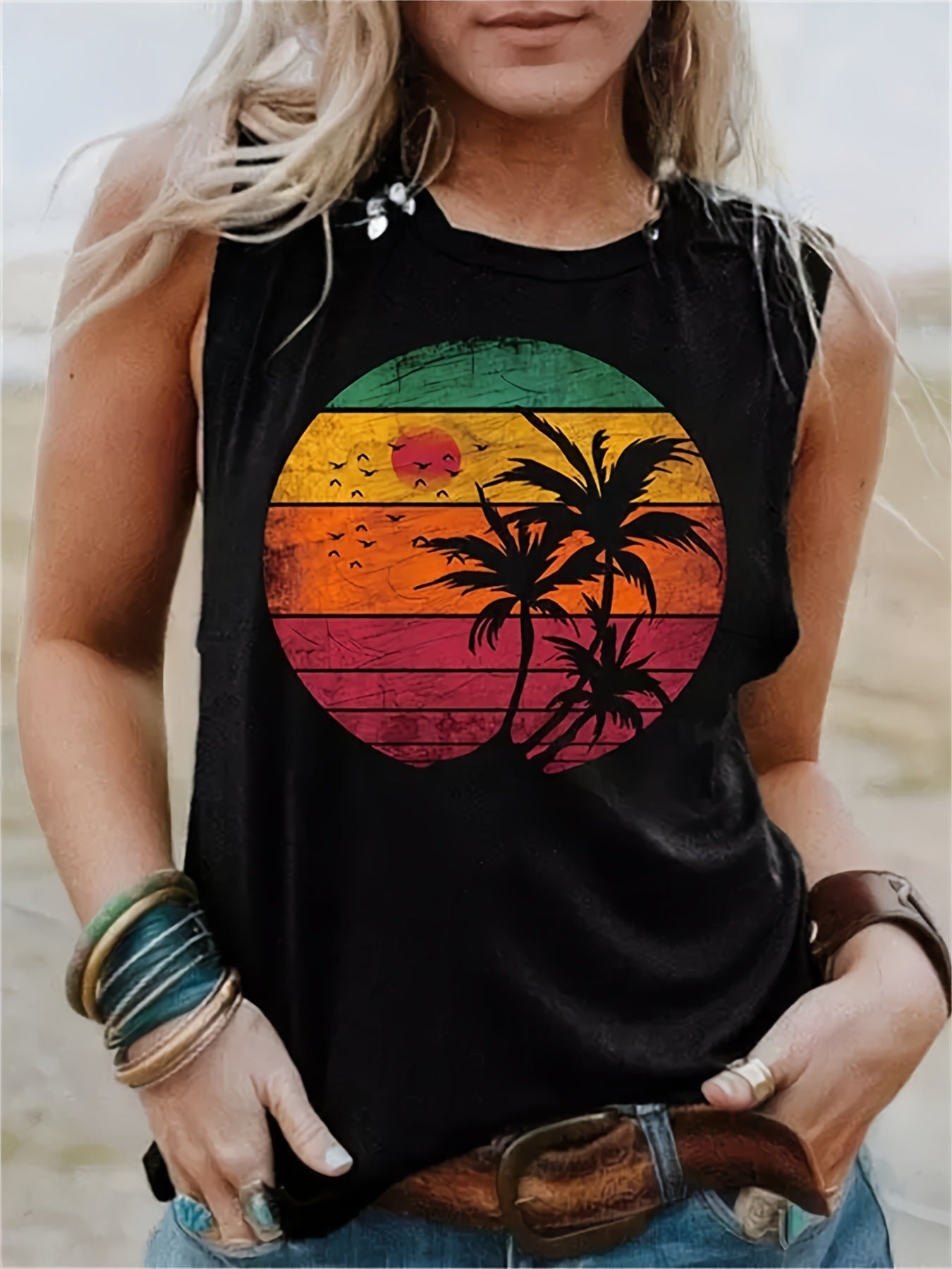 Women's Fashionable Printed Sleeveless T-shirt apparel & accessories