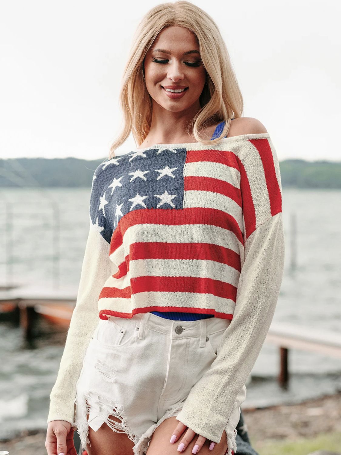 US Flag Boat Neck Long Sleeve Knit Top Dresses & Tops