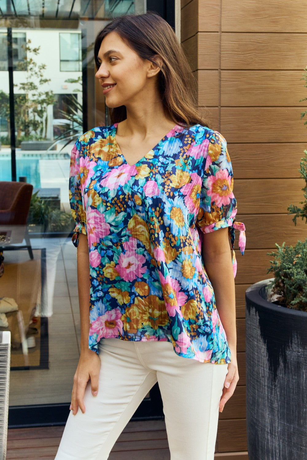 Petal Dew Full Size Floral V-Neck Tie Detail Blouse Dresses & Tops