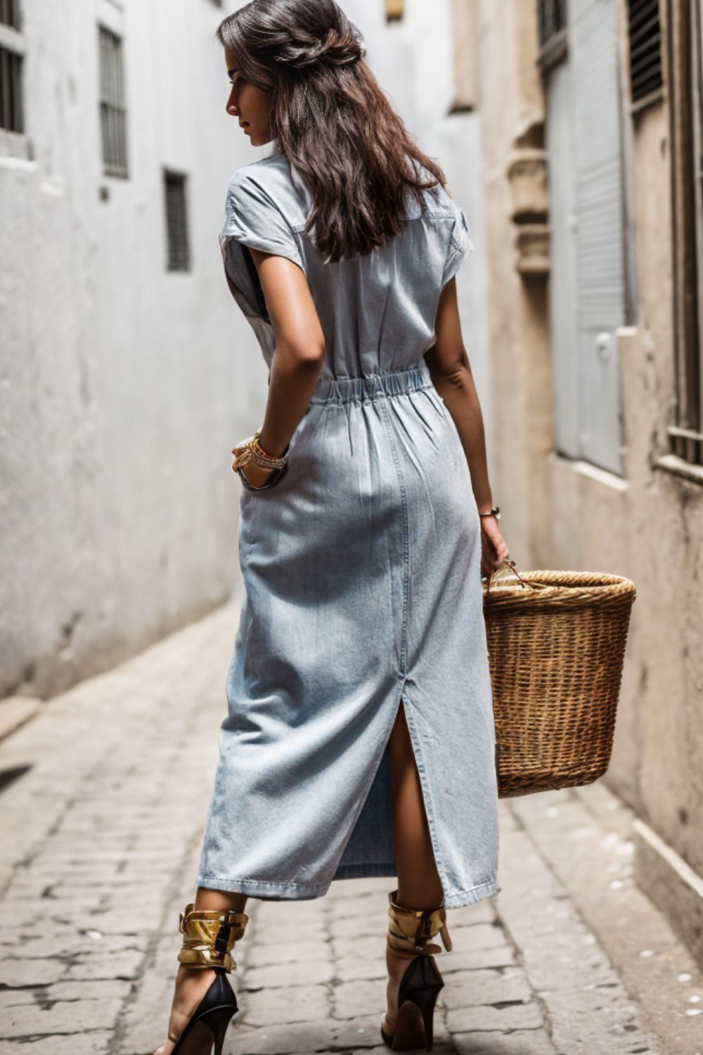 Slit Pocketed Half Button Denim Dress apparel & accessories