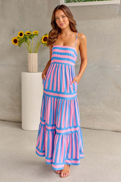 Striped Printed Suspender Long Dress apparel & accessories