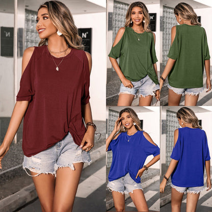 Off Shoulder Short Sleeve T-Shirt Crew Neck Knit Top Women apparel & accessories