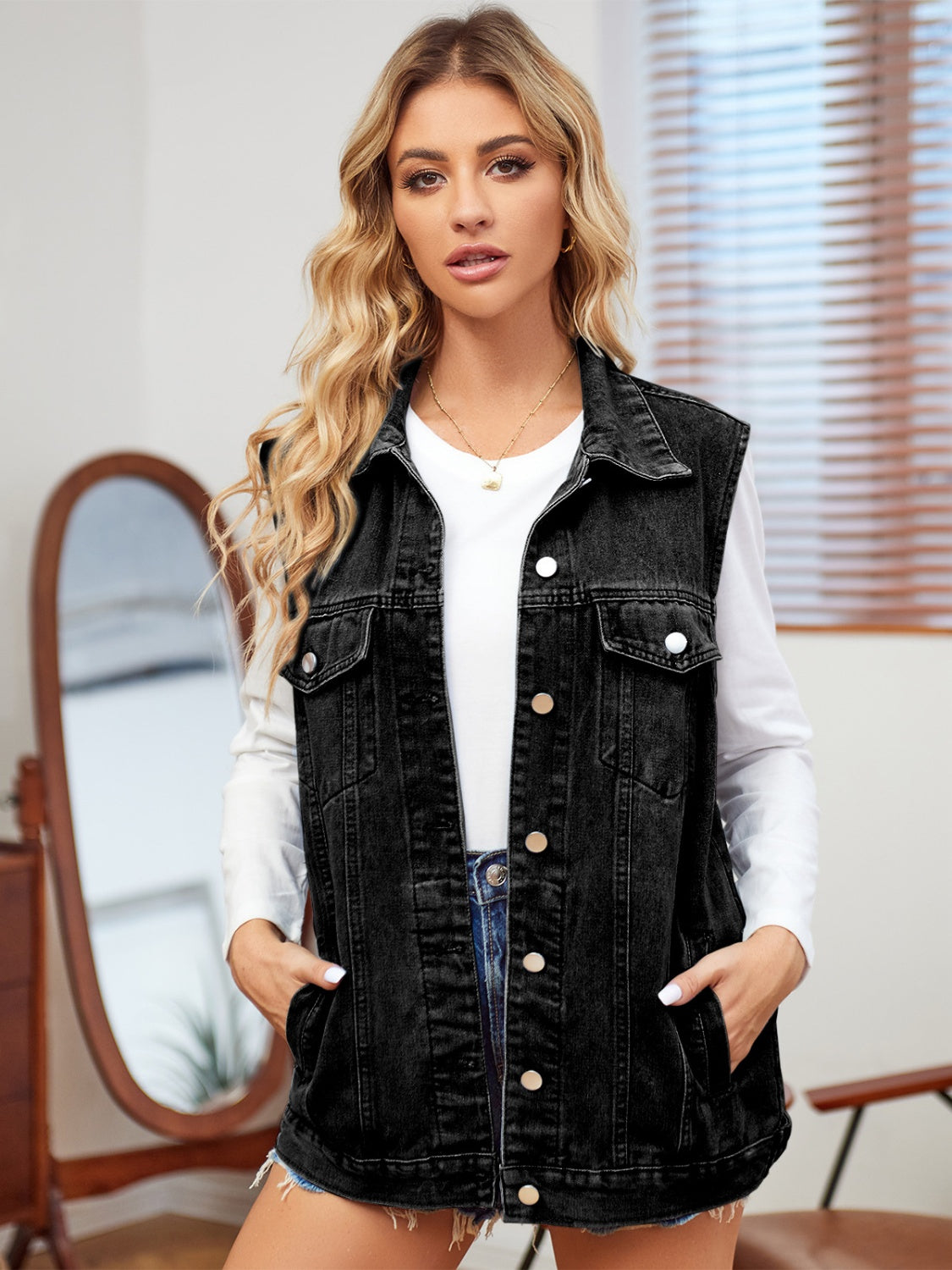 Pocketed Button Up Sleeveless Denim Jacket apparel & accessories