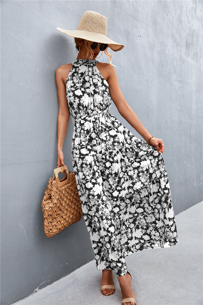 Printed Sleeveless Tie Waist Maxi Dress apparel & accessories