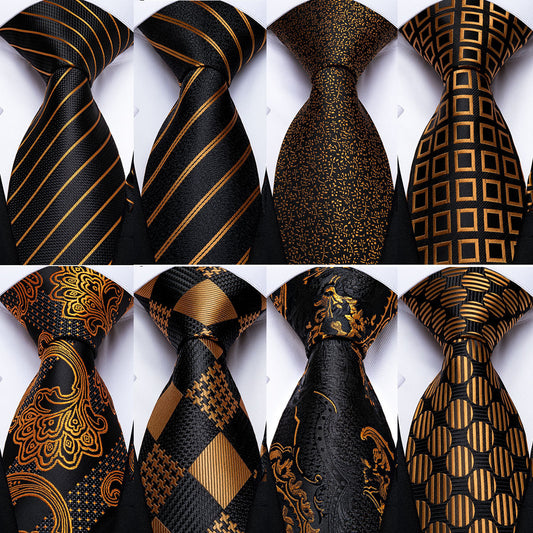 Men's Tie Luxury Black And Gold Striped Silk Woven men's clothing