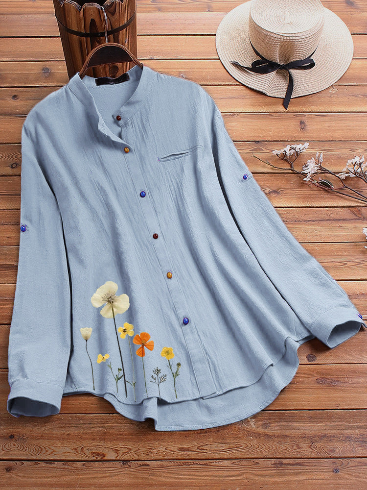 Printed Stand Collar Color Button Shirt Women apparels & accessories