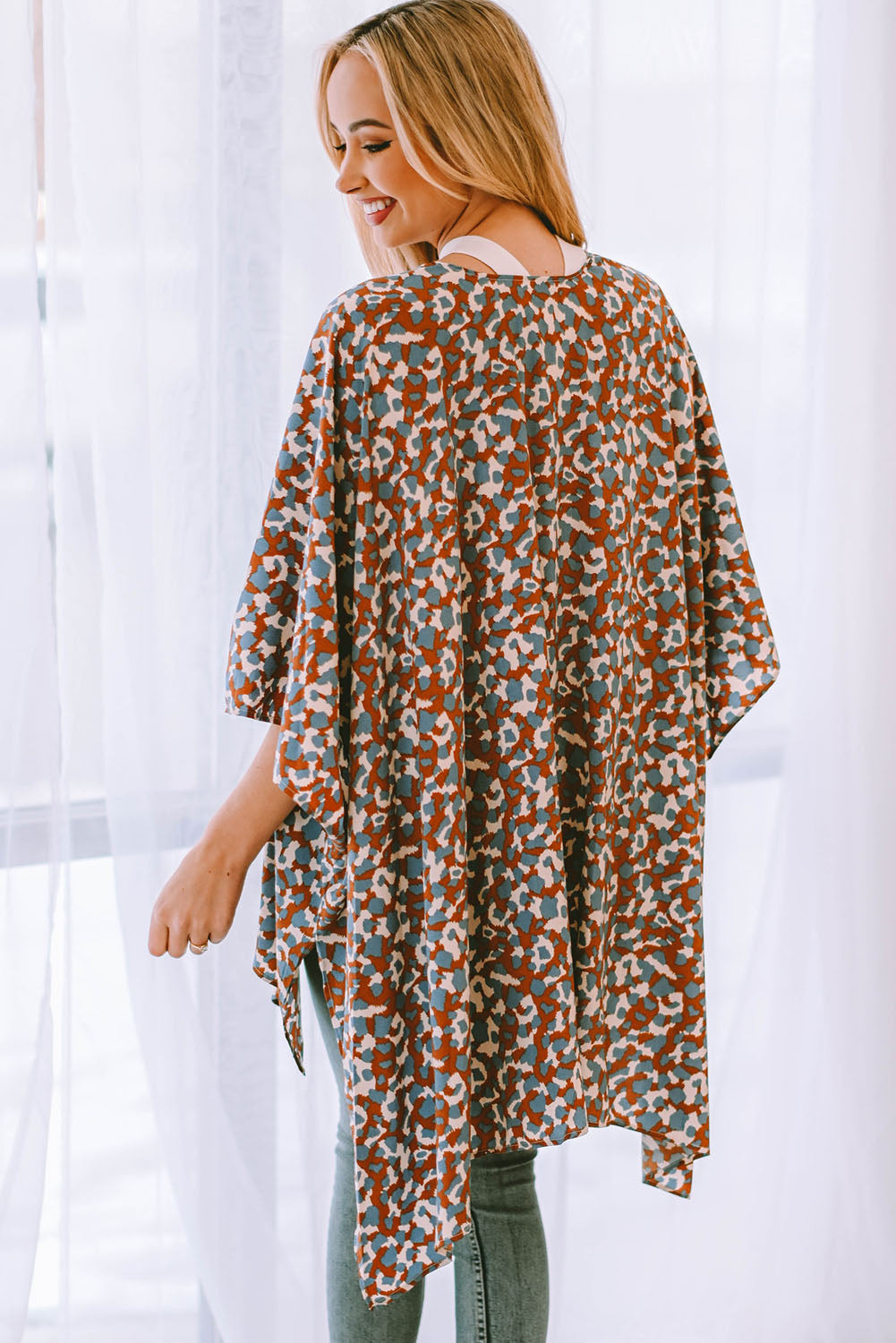 Printed Open Front Three-Quarter Sleeve Cover Up 