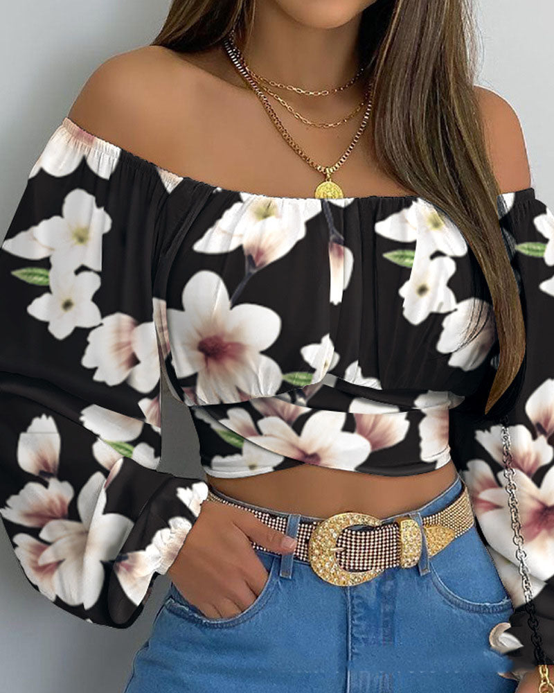 Women's Printed Off-the-Shoulder One-Neck Balloon Sleeve Top apparel & accessories