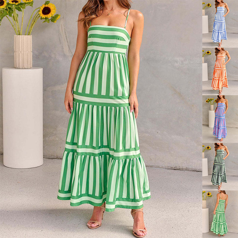 Striped Printed Suspender Long Dress apparel & accessories