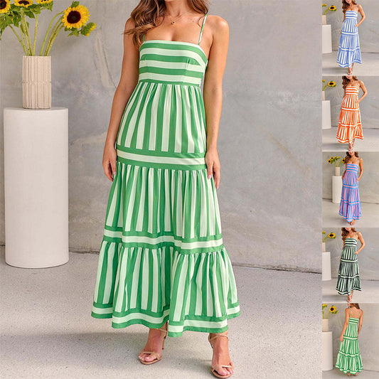 Summer Striped Printed Suspender Long Dress With Pockets Fashion Square Neck Backless Dresses For Beach Vacation Women Clothing apparel & accessories