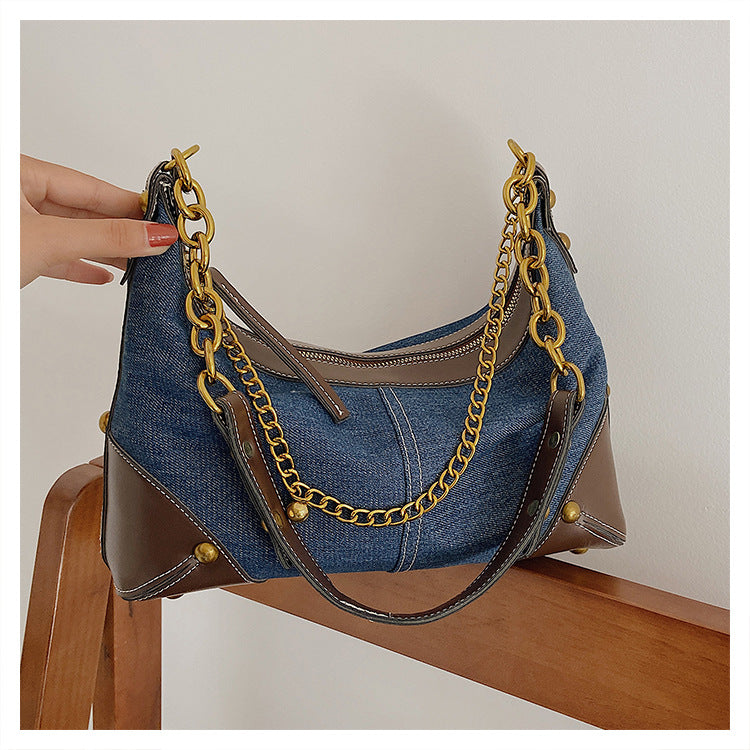 Niche All-match Denim Canvas Chain One-shoulder Armpit Bag apparel & accessories