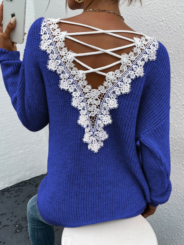 Lace Backless V-neck Pullover Long Sleeve Sweater apparels & accessories