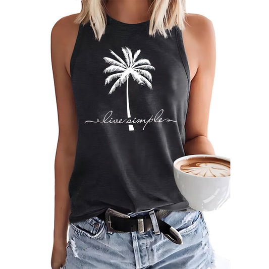 Coconut Tree Printed Crew Neck Casual Sleeveless T-shirt apparel & accessories