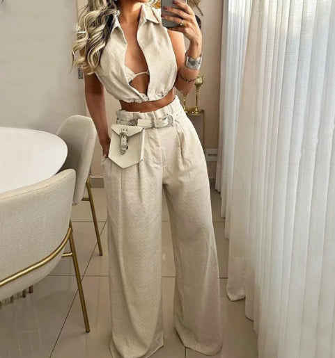 Solid Color Lapel Sexy Sleeveless Top Casual Pants Set apparels & accessories