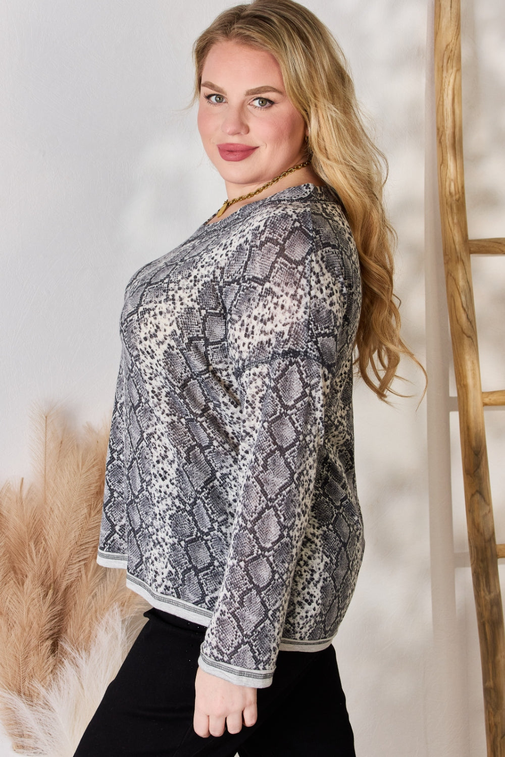 Hailey & Co Full Size Snakeskin V-Neck Long Sleeve Top Dresses & Tops